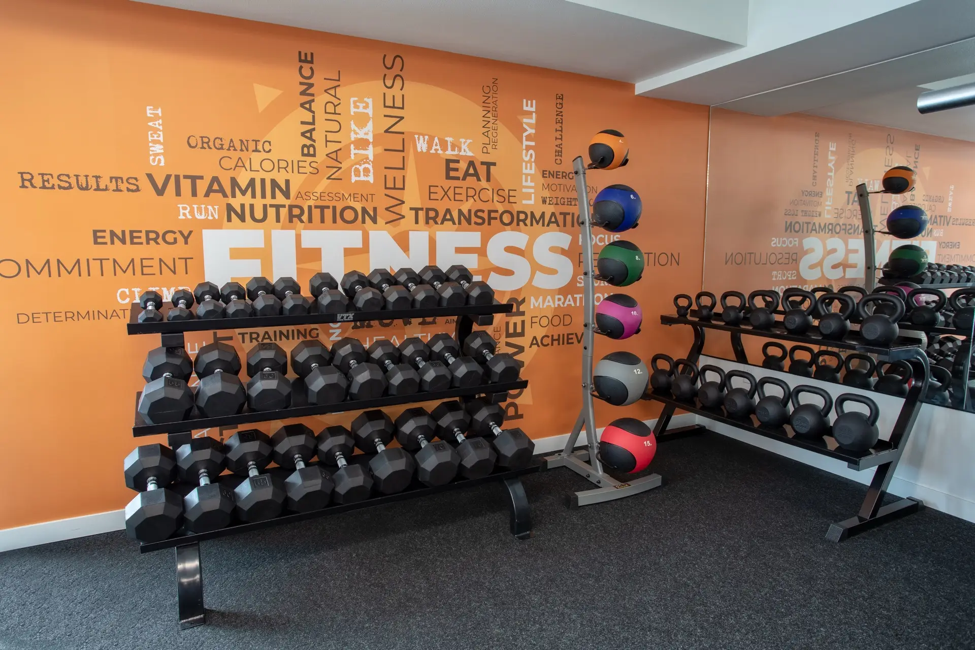 Roam student apartments free weights station with rows of dumbells, kettle bells, and a rack of medicine balls next to a large mirror in the fitness center